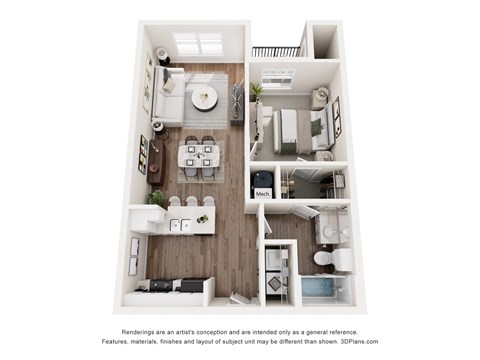 Floor plan for 1 bed, 1 bath, 666 sqft